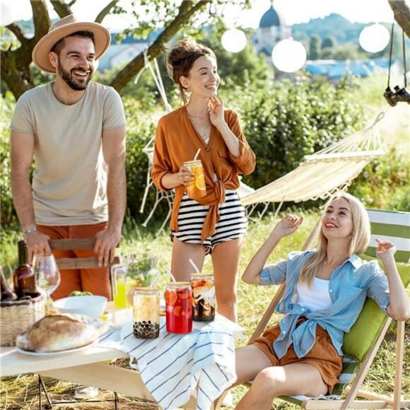 Set of 4 Glass Cups with Bamboo Lids Straws Iced Coffee Tea Cocktail Beer - Picture 7 of 8